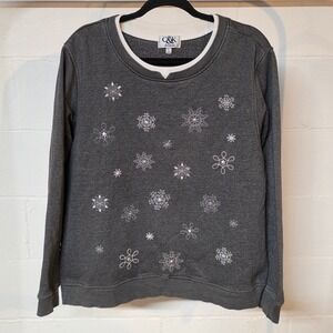 Vintage 90s C&K Designs Women's XL Gray Embroidered Snowflake Crewneck Winter